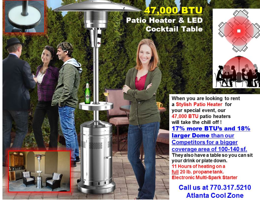 47,000 BTU Patio Heater Rental in Atlanta Georgoa 47000 BTU's. Cobb, Gwinnett, Hall, Fulton, Forsyth, Dekalb, Paulding